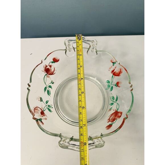 Hand Painted Red Rose Clear Glass Bowl Basket w/ Handles Flower Design - Picture 4 of 10